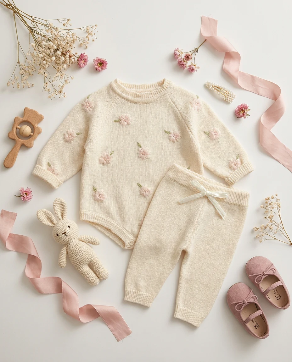 【BABY】フラワー刺繍入り長袖ニットロンパース