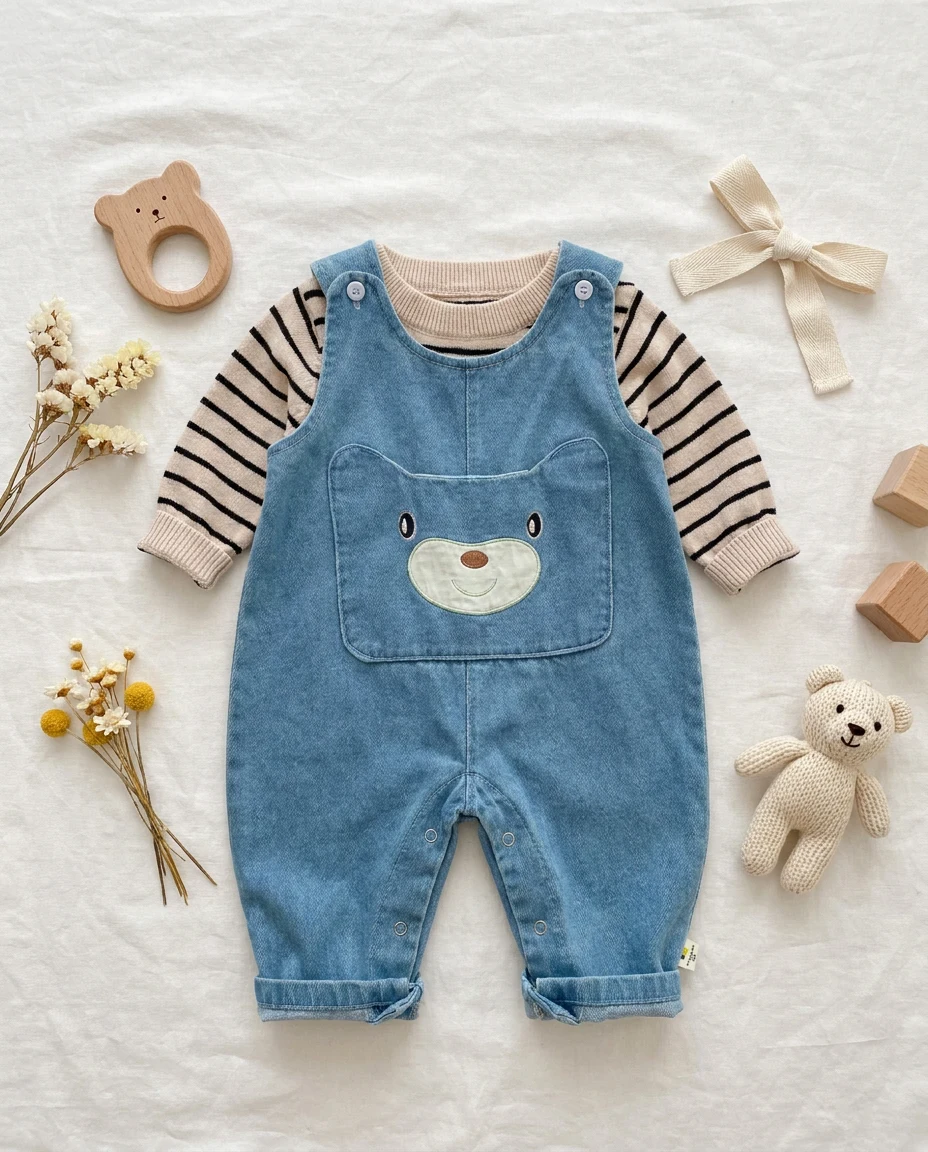 【BABY】くまポケットデニムサロペットロンパース