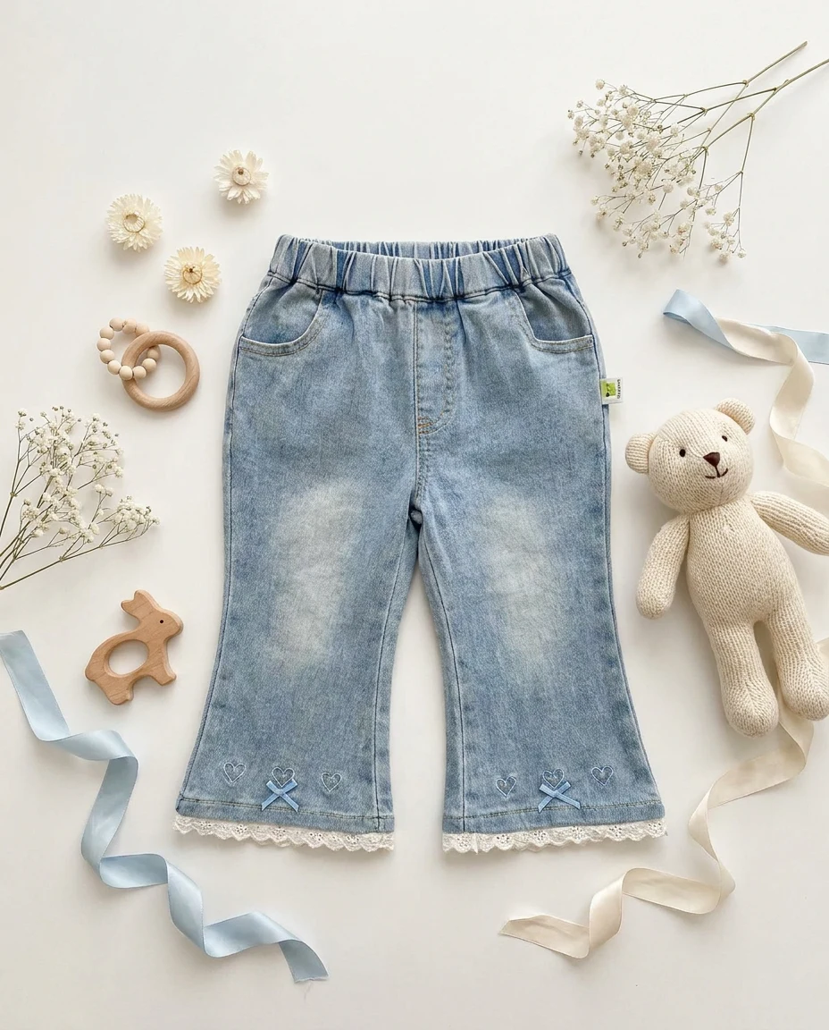 【BABY】ブルーリボン刺繍デニムフレアパンツ