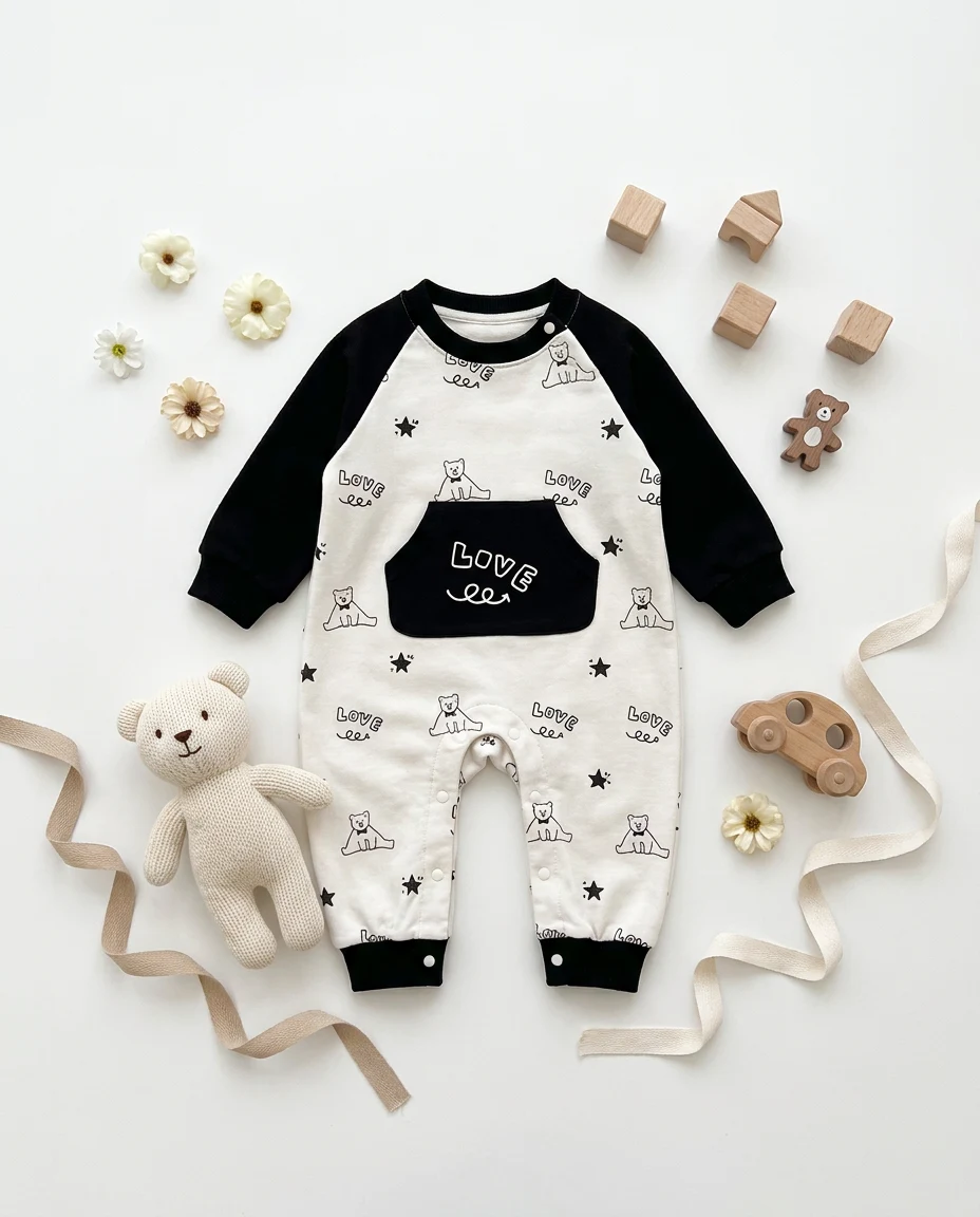 【BABY】くまプリントラグラン長袖ロンパース