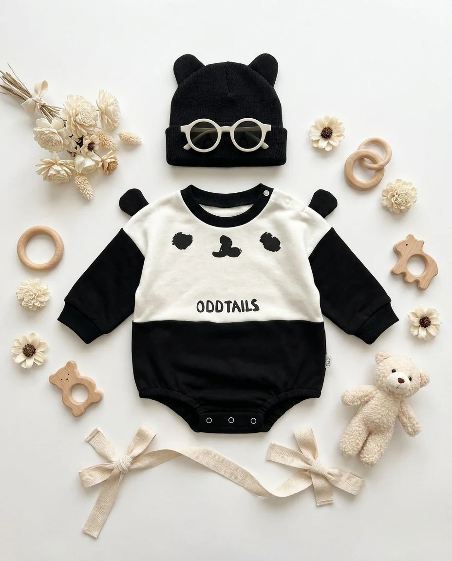 【BABY】くまデザインバイカラー長袖ロンパース
