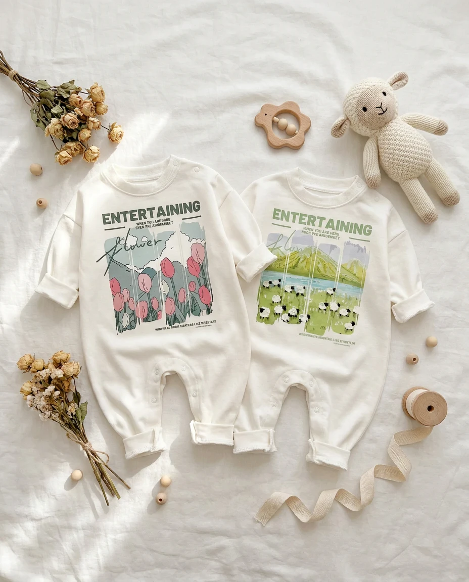 【BABY】ひつじチューリッププリント長袖ロンパース