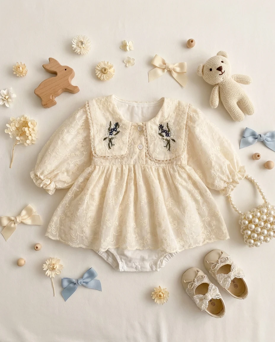 【BABY】フラワー刺繍襟総レース長袖ドレスロンパース