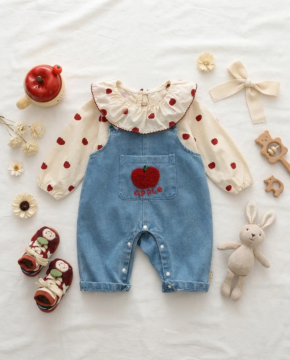 アップル刺繍デニムサロペットロンパース