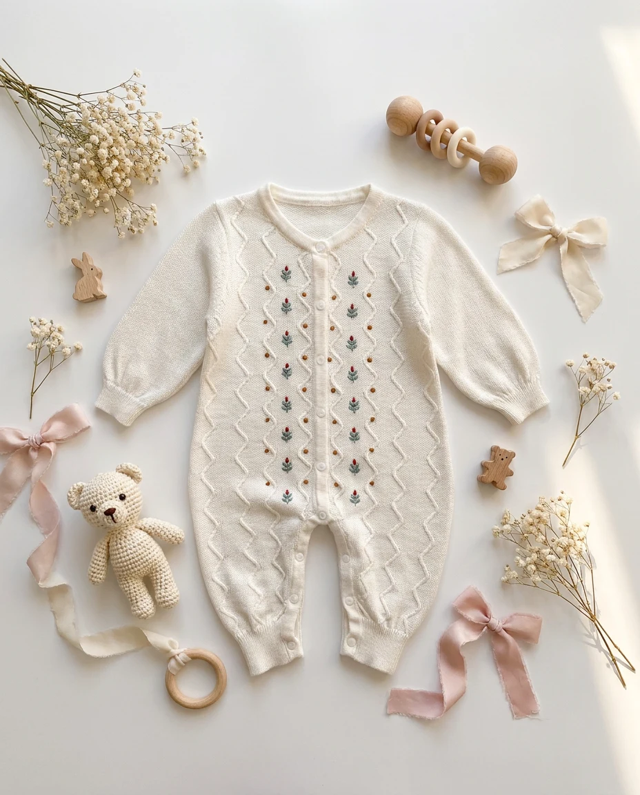 フラワー刺繍前開き長袖ニットロンパース