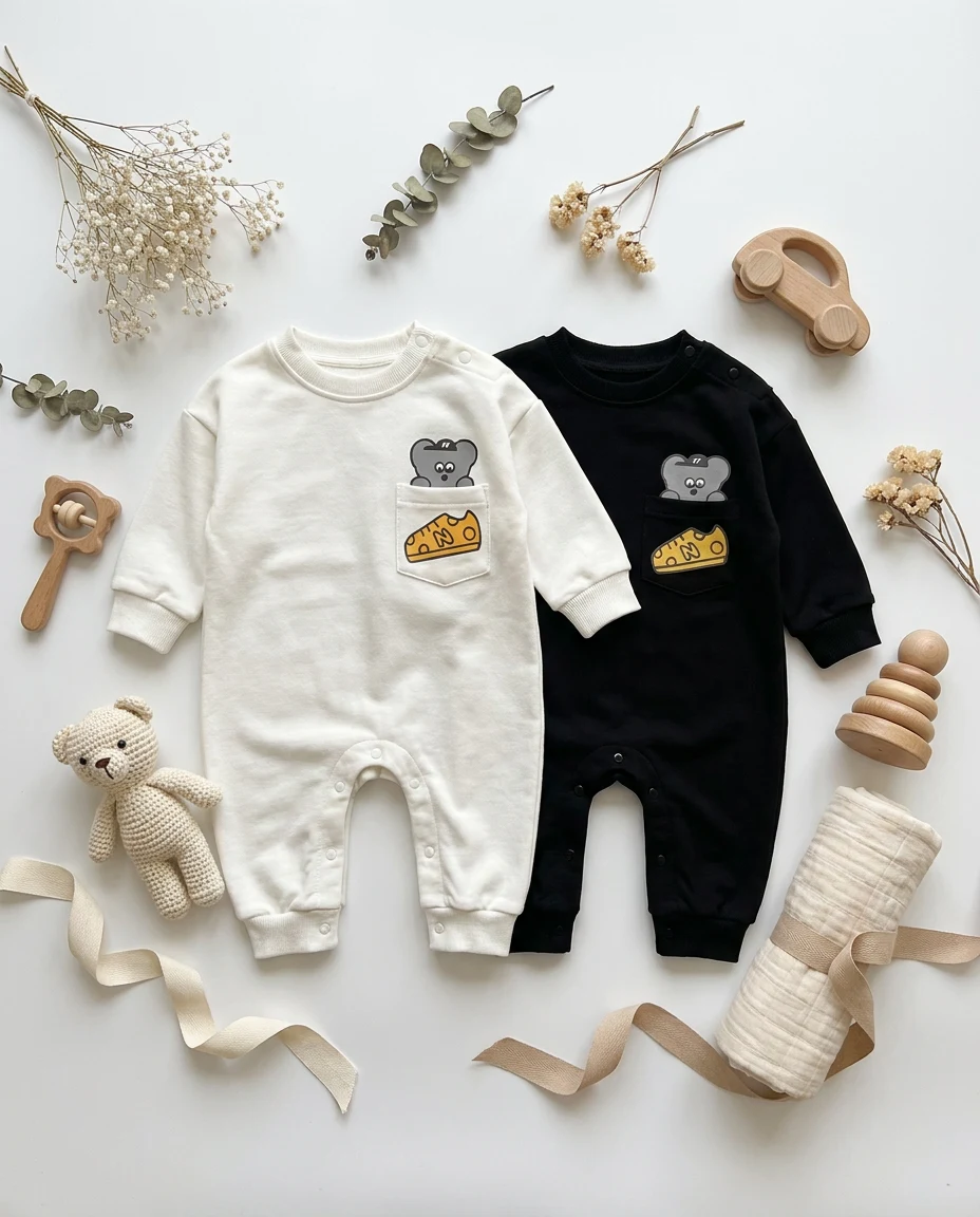 【BABY】チーズくまポケット長袖スウェットロンパース